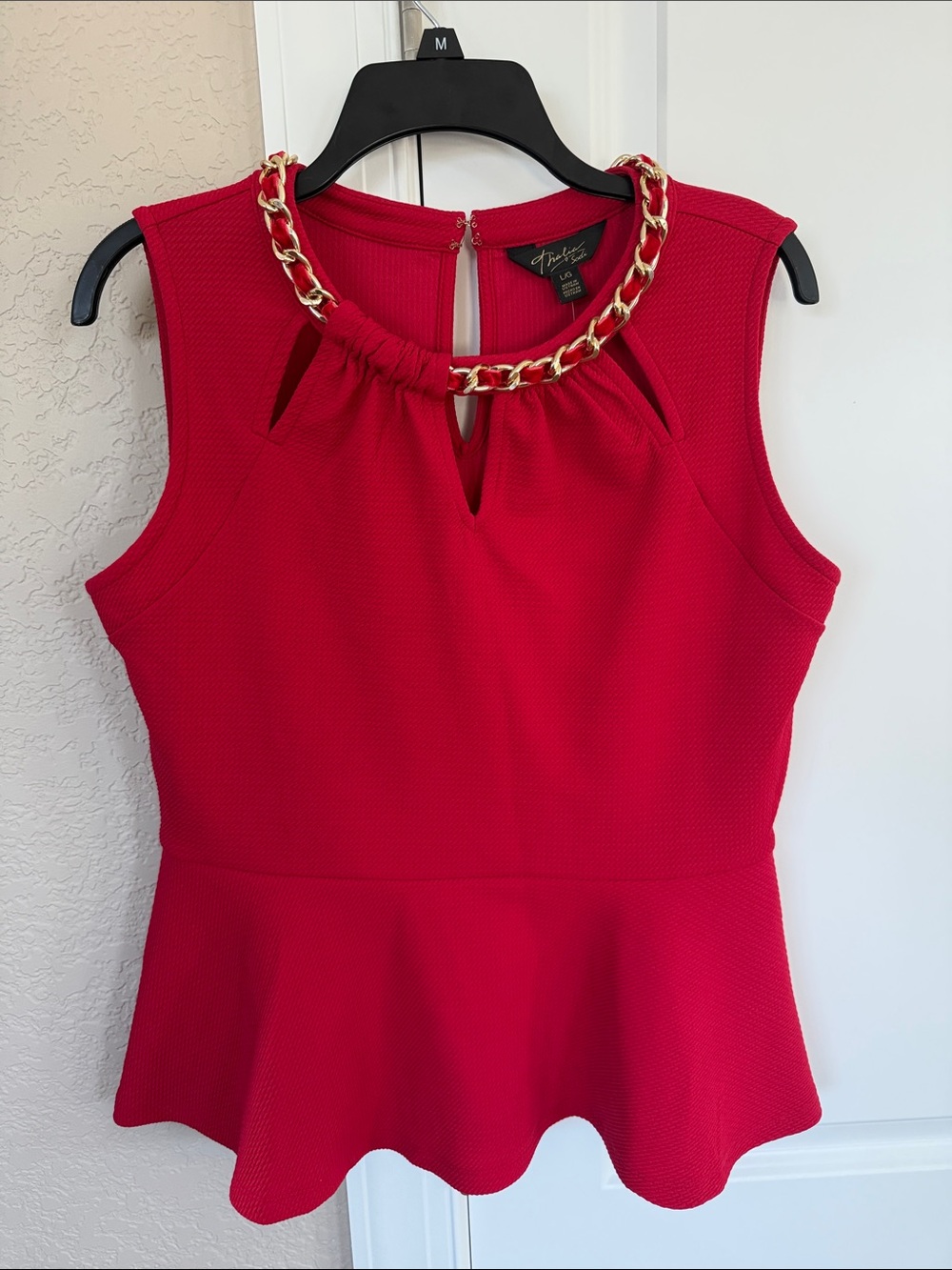 Thalia Sodi Red Sleeveless Peplum Top with Gold Chain